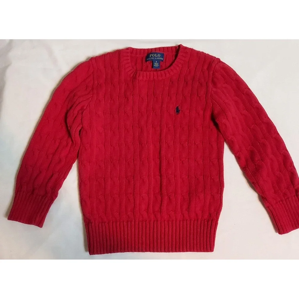 Polo Ralph Lauren Kids Red Cable Knit Cotton Sweater Size 5 Pony Logo‎ Preppy